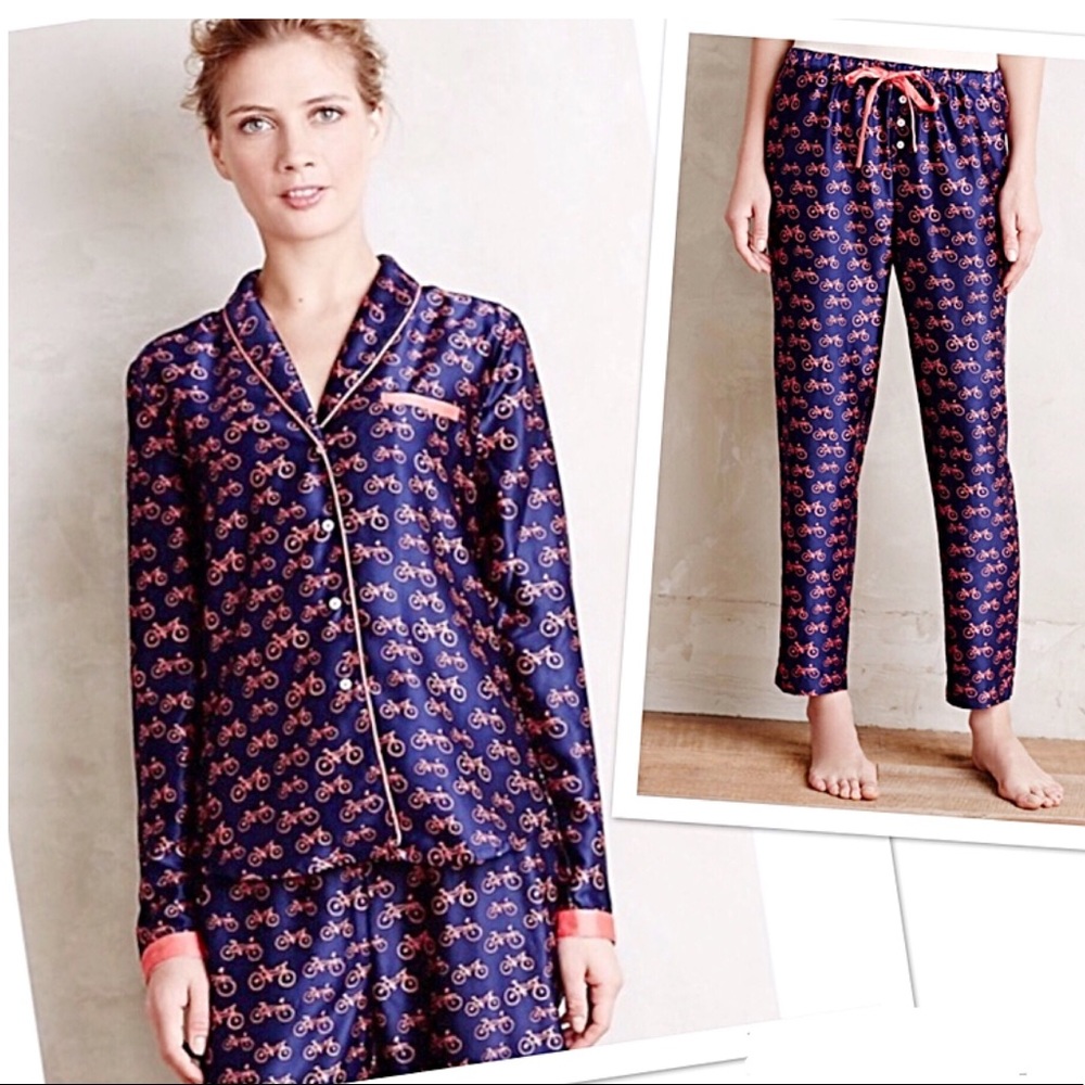 Anthropologie Eloise Sweetest Dreams Bicycle Print Satin Pajama Set Size XSP